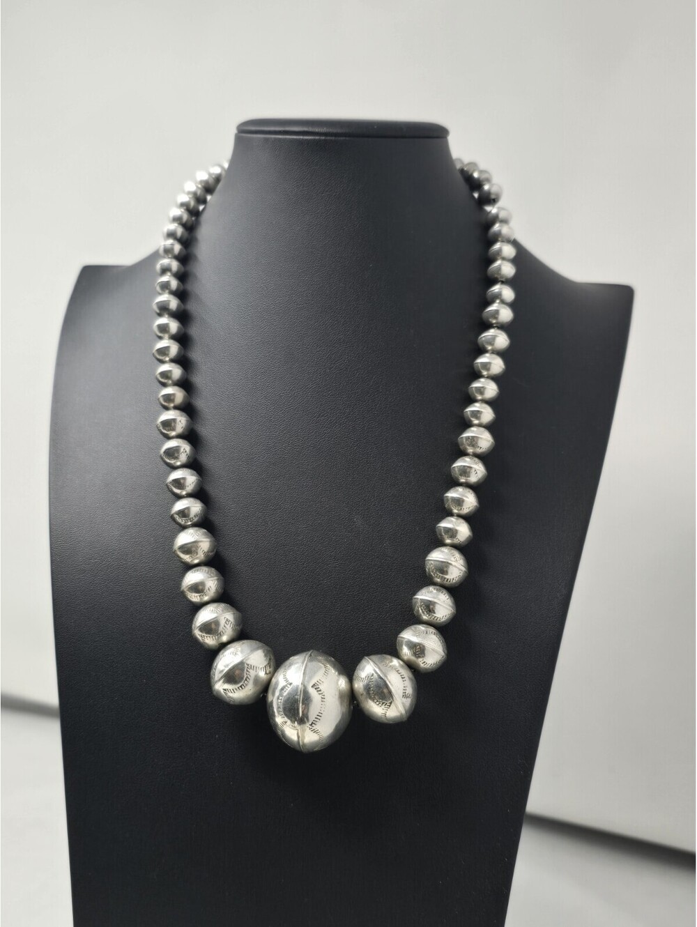 Navajo Sterling Silver Graduated Stamped Pearls Necklace 24"